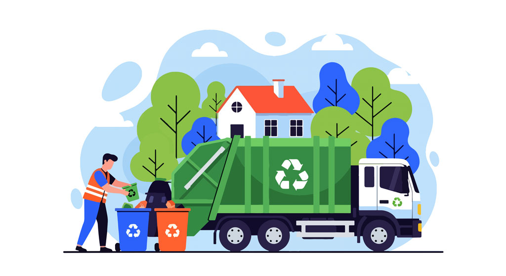 Dans la campagne un camion à ordure et un homme relève les poubelles