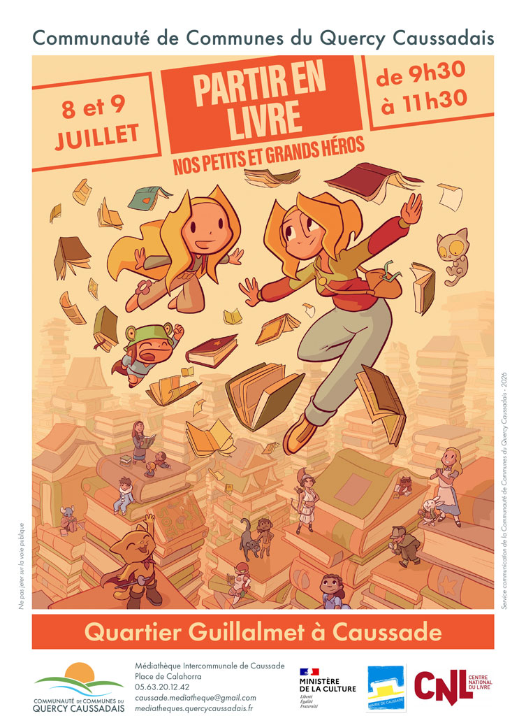 Personnages qui volent au dessus d'une ville faite en livres