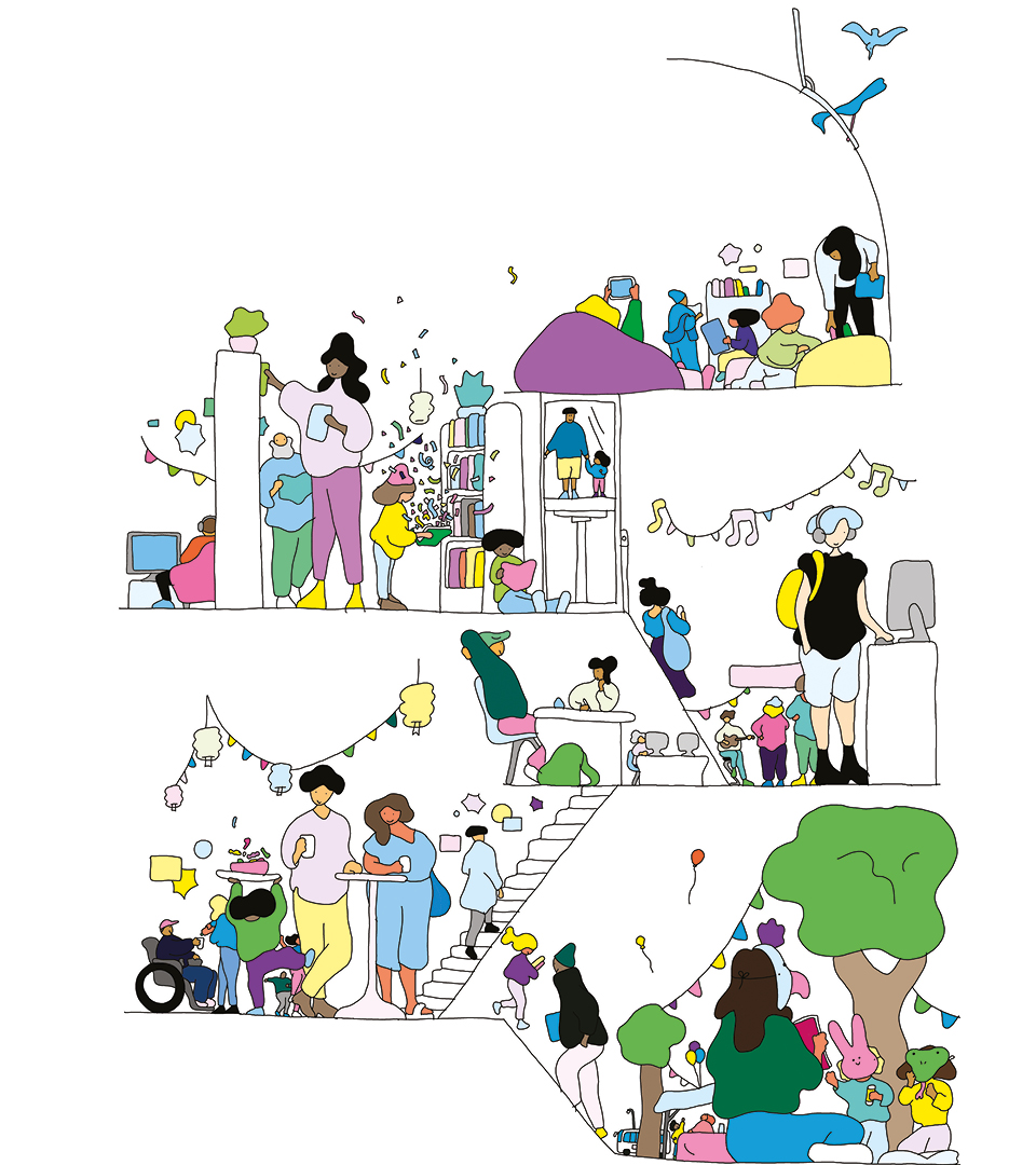 Personnages qui lisent, écoutent de la musique se promènent dans un paysage