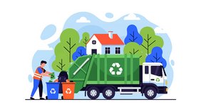 Dans la campagne un camion à ordure et un homme relève les poubelles