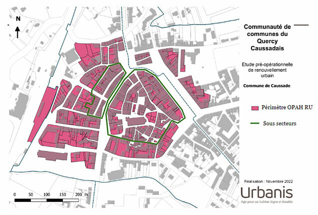 Plan de Caussade sur lequel apparaît la zone concernée par L'OPAH-RU