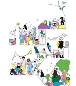 Personnages qui lisent, écoutent de la musique se promènent dans un paysage