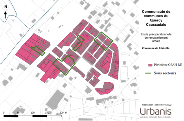 Plan de Réalville sur lequel apparaît la zone concernée par l'OPAH-RU